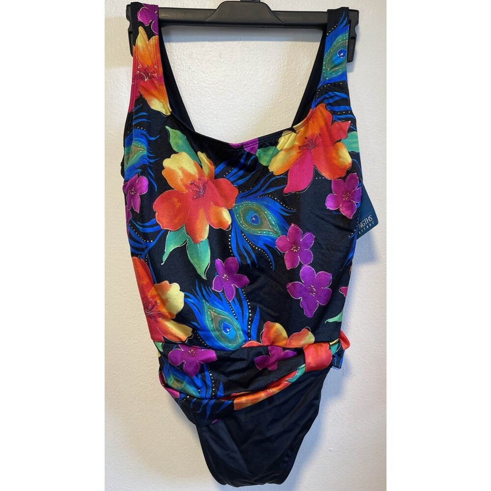 Great Lengths Longitude Sash Tank Swimsuit Sz 12 Black Floral Tummy Control New